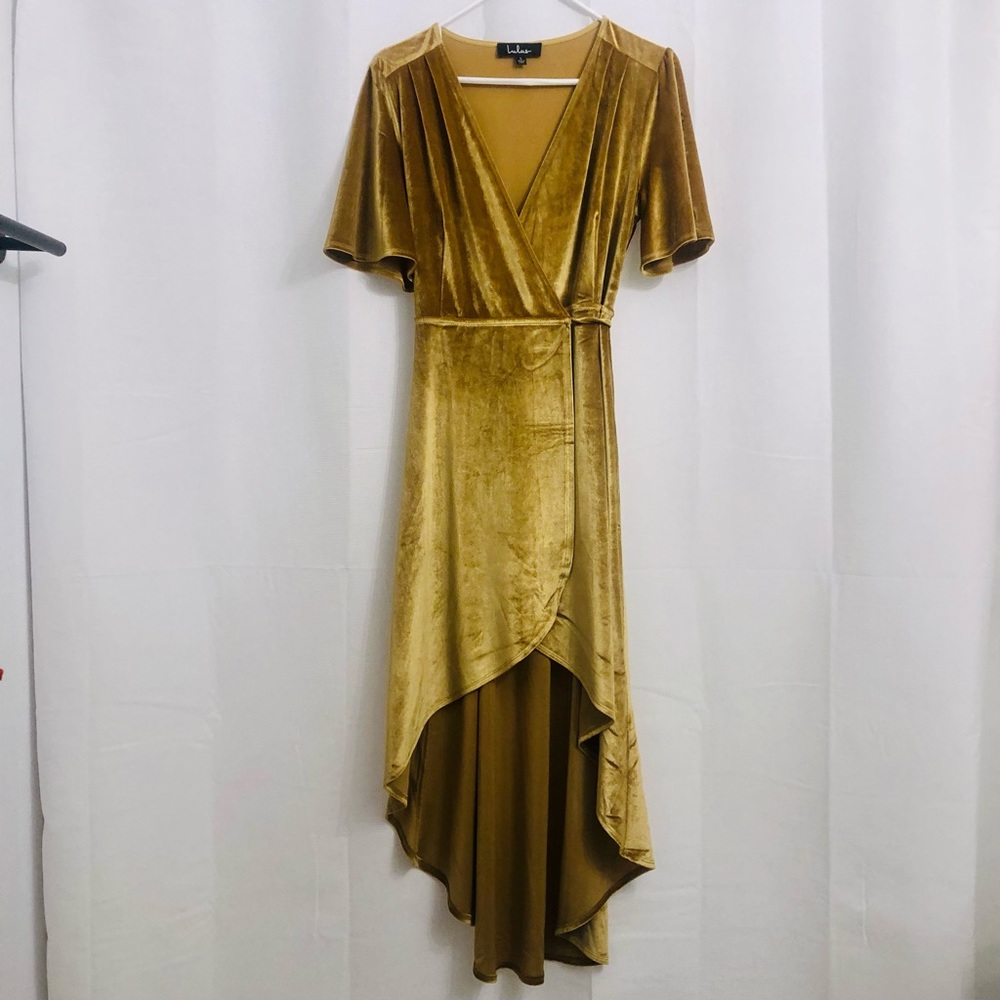 LuLus Gold Velvet Wrap Dress Flutter Sleeves